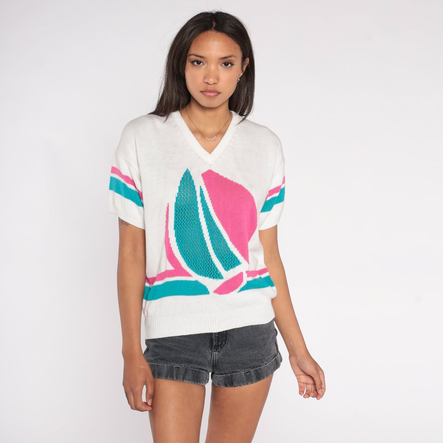80s Sailboat Nautical Knit Sweater White Pink Blue Cutout Short Sleeve Small S