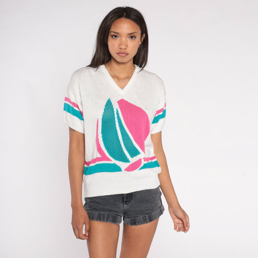 80s Sailboat Nautical Knit Sweater White Pink Blue Cutout Short Sleeve Small S