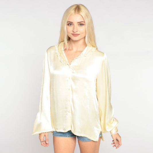 70s Jessica's Gunnies Cream Satin Blouse Puff Sleeve Floral Embroidery Medium