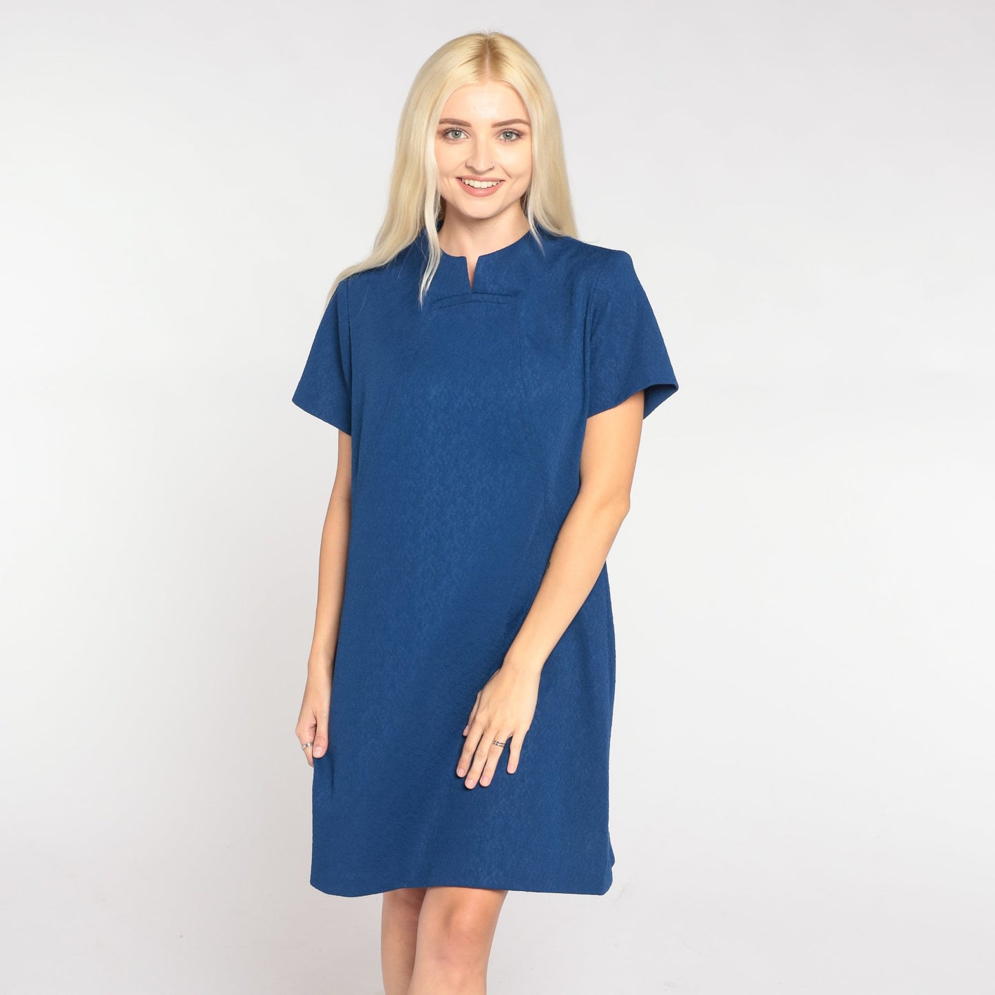 60s Navy Shift Dress Floral Embossed Mini Short Sleeve Large L