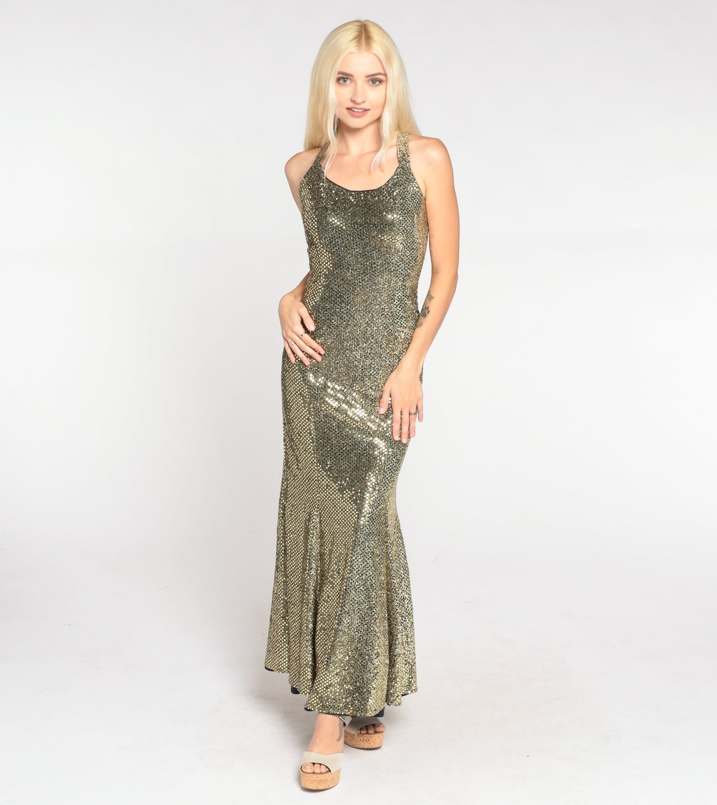 80s Gold Sequin Maxi Dress Zum Zum Fishtail Criss-Cross Back Small