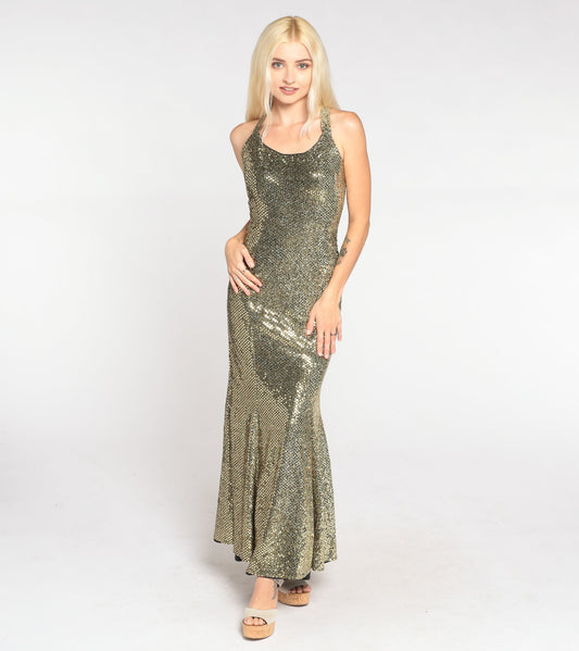 80s Gold Sequin Maxi Dress Zum Zum Fishtail Criss-Cross Back Small