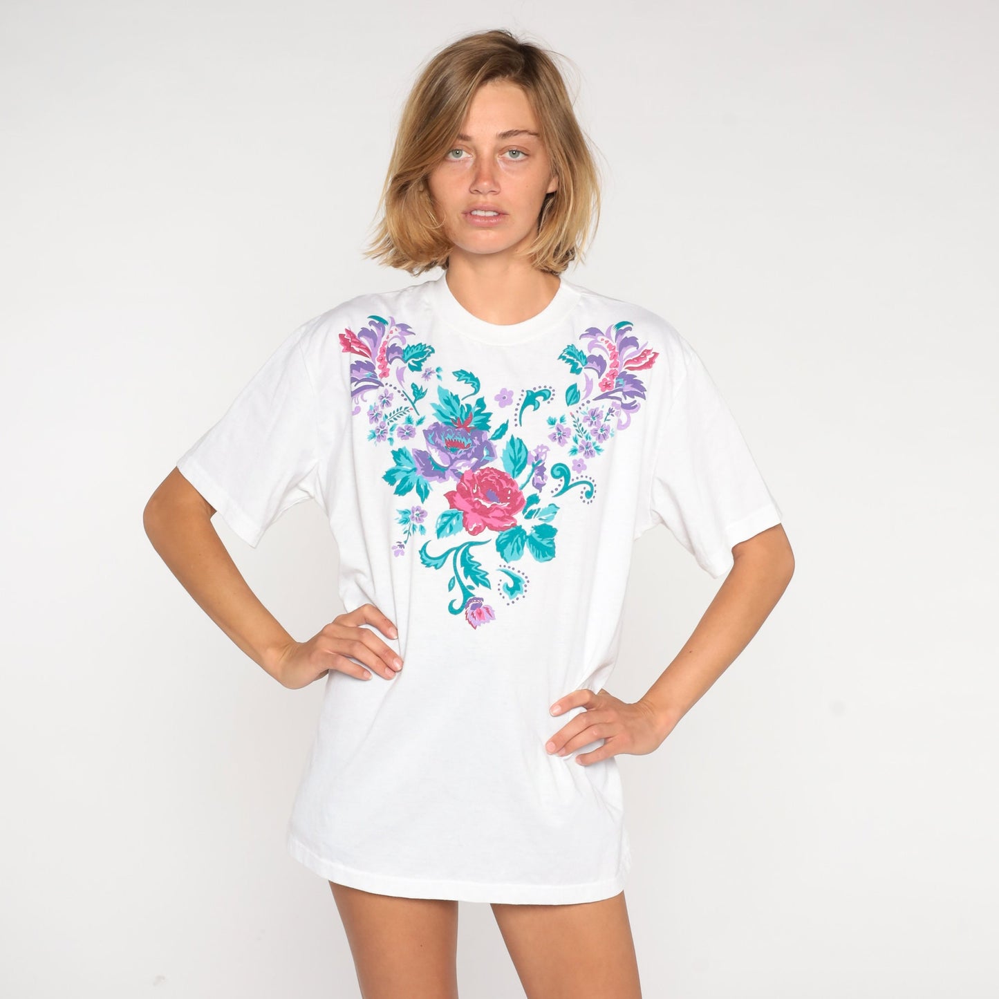 90s Floral Rose Graphic T-Shirt White Cotton Tee Extra Large XXL