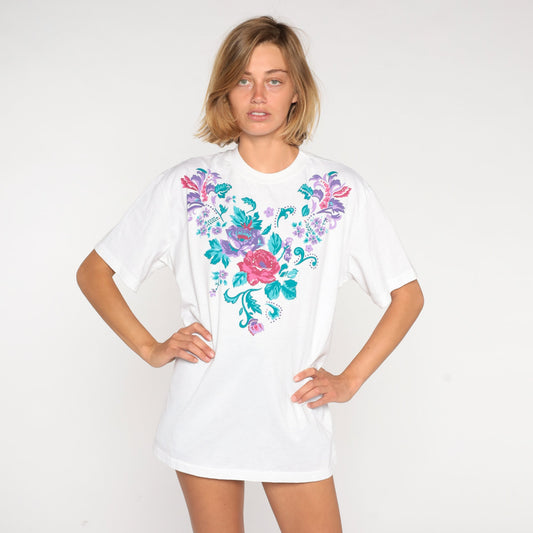 90s Floral Rose Graphic T-Shirt White Cotton Tee Extra Large XXL