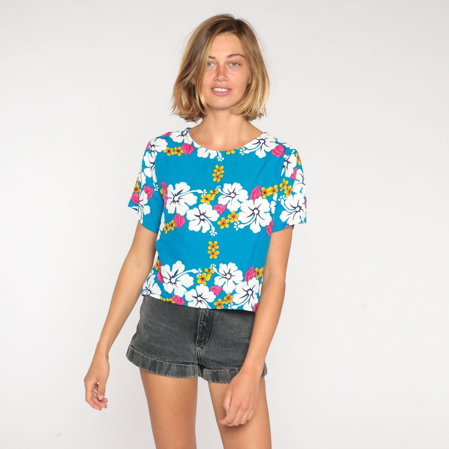 00s Tropical Floral Hibiscus T-Shirt Blue Hawaiian Print Tee Medium M