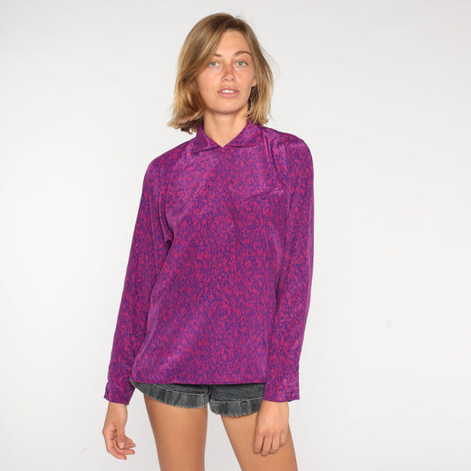 80s Purple Abstract Print Collared Blouse Long Sleeve Small