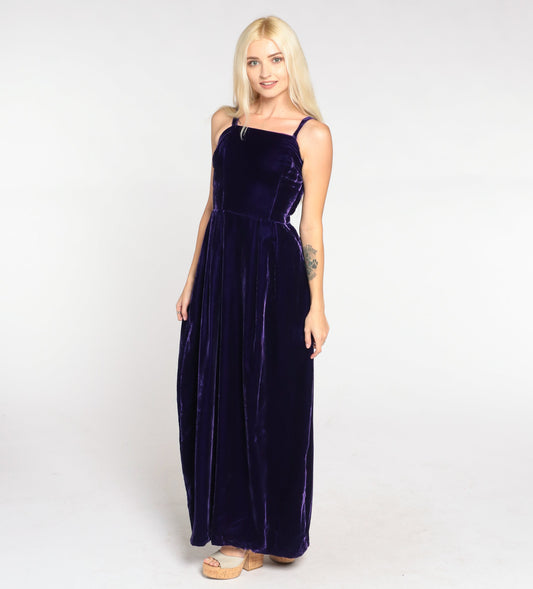 70s Dark Purple Velvet Maxi Dress Sleeveless High Waist Gown Extra Small
