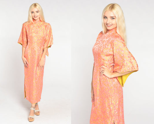 60s Peach Silk Floral Midi Dress Mandarin Collar Bell Sleeve Side Slit Extra Small XS