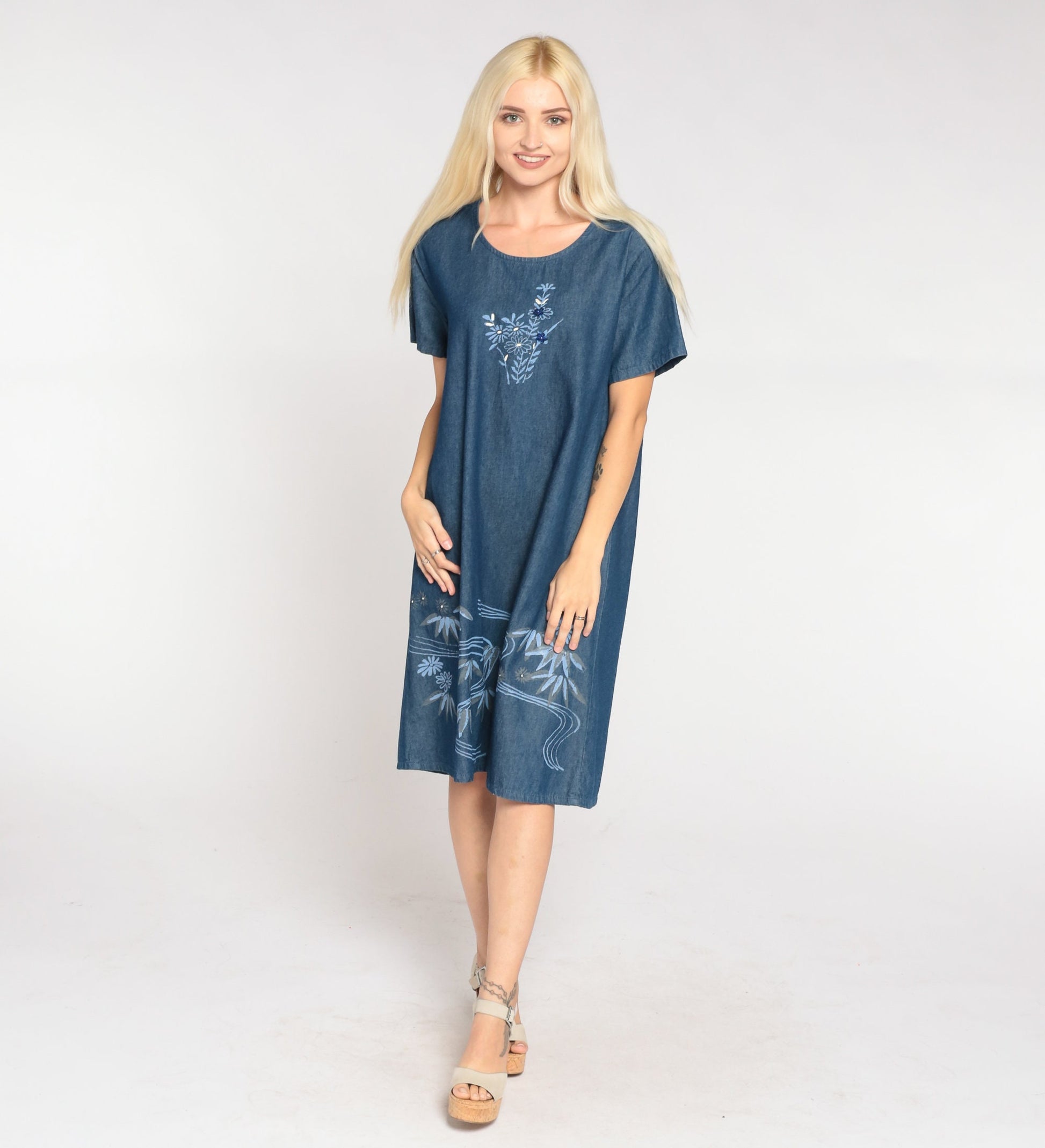 90s Floral Denim Shift Dress Blue Sequin Beaded Short Sleeve Medium M