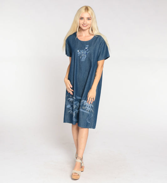 90s Floral Denim Shift Dress Blue Sequin Beaded Short Sleeve Medium M
