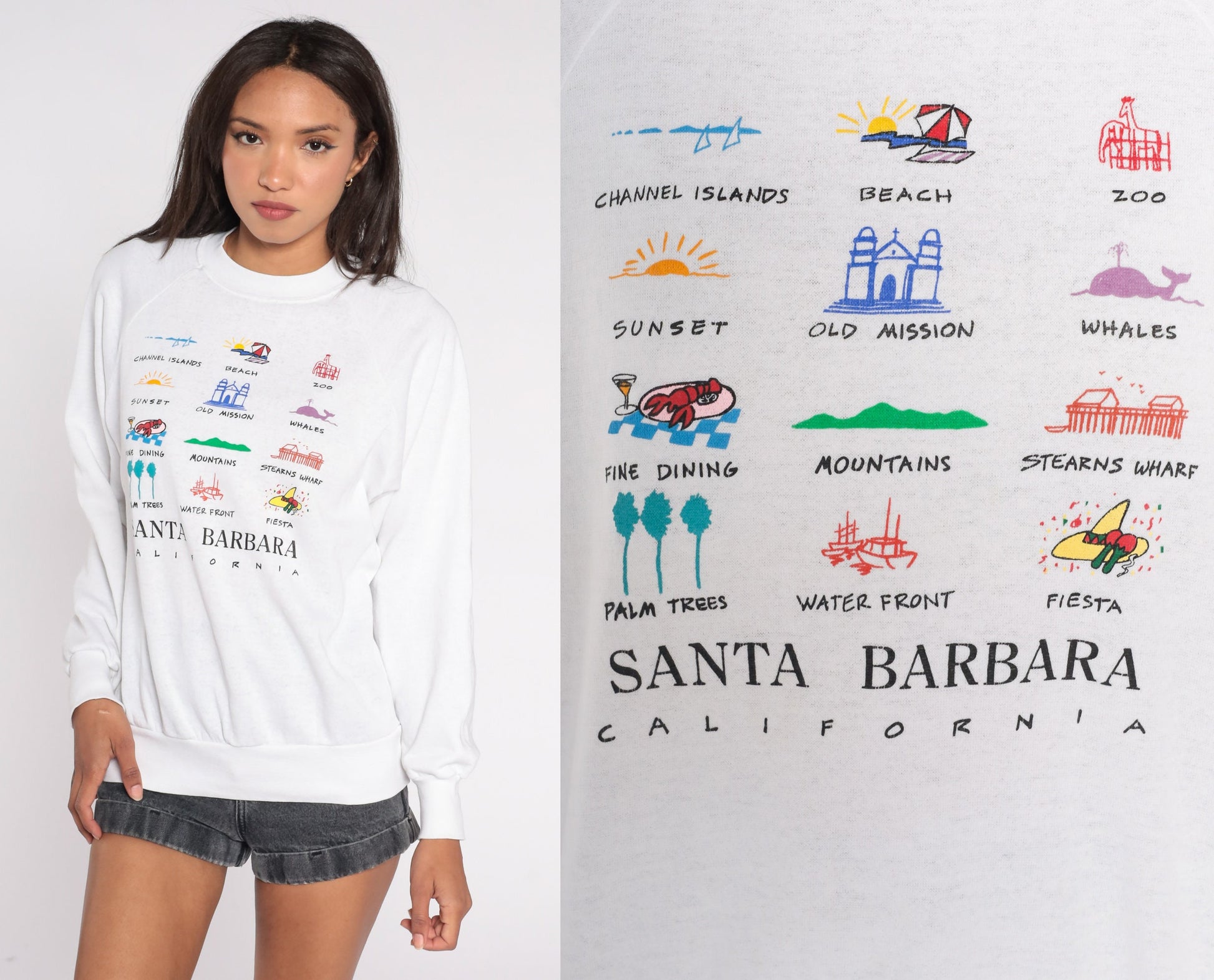 90s Santa Barbara California Raglan Sweatshirt White Graphic Pullover Extra Large XXL
