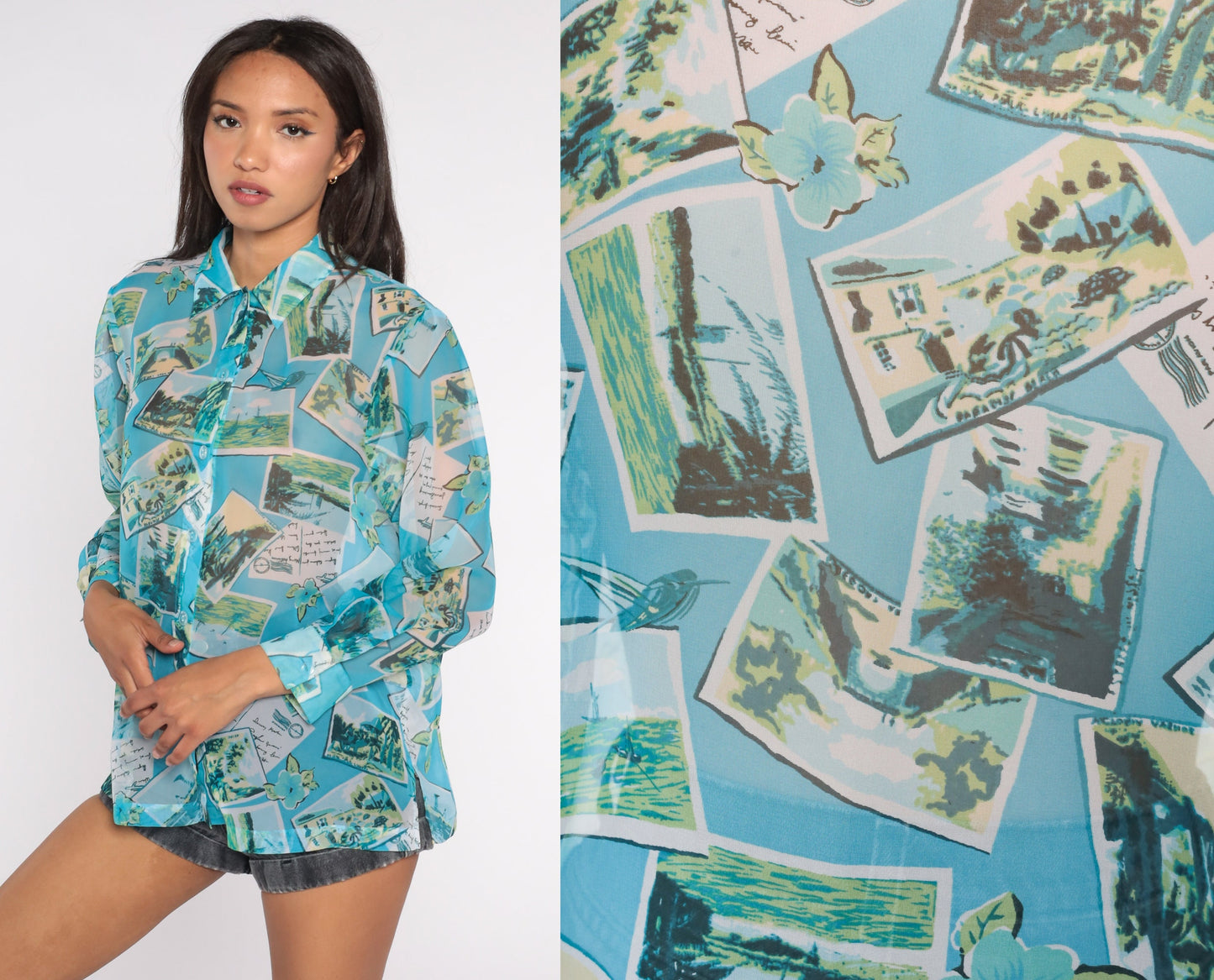 90s Travel Postcard Print Sheer Blue Button-Up Blouse Long Sleeve Medium M