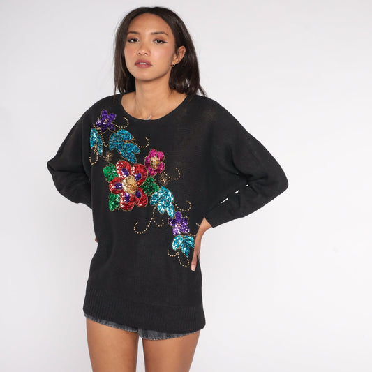 90s Black Sequin Floral Knit Sweater Dolman Sleeve Cotton Ramie Large L