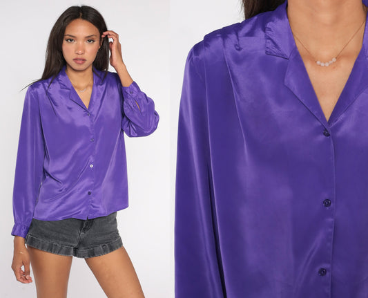 90s Purple Pleated Collar Blouse Long Sleeve Button Up Medium Petite