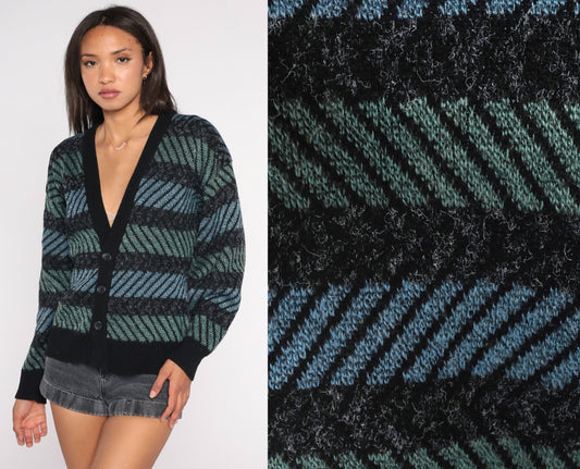 90s Striped Cardigan Wool Blend Knit Sweater Black Blue Green Medium M