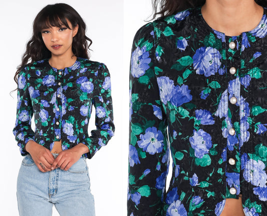 80s Floral Crop Top Puff Sleeve Button Up Blouse Black Extra Small