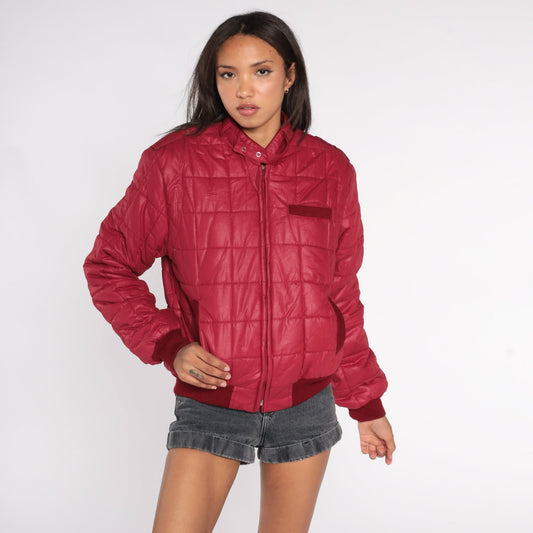 80s Burgundy Quilted Puffer Ski Jacket Zip Up Insulated Small