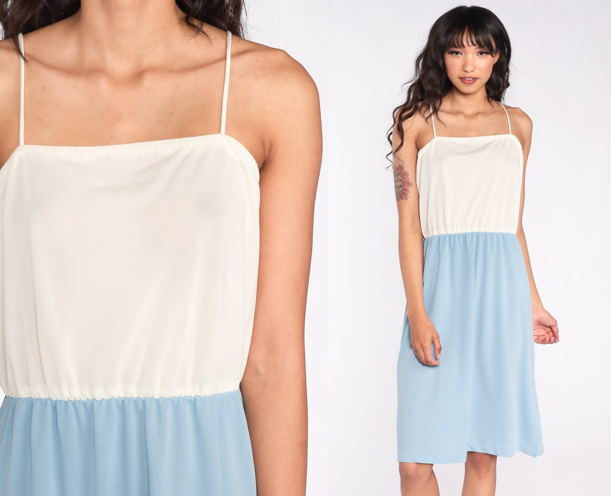 70s Cream Blue Color Block Spaghetti Strap Midi Dress High Waist Medium