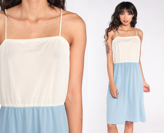 70s Cream Blue Color Block Spaghetti Strap Midi Dress High Waist Medium