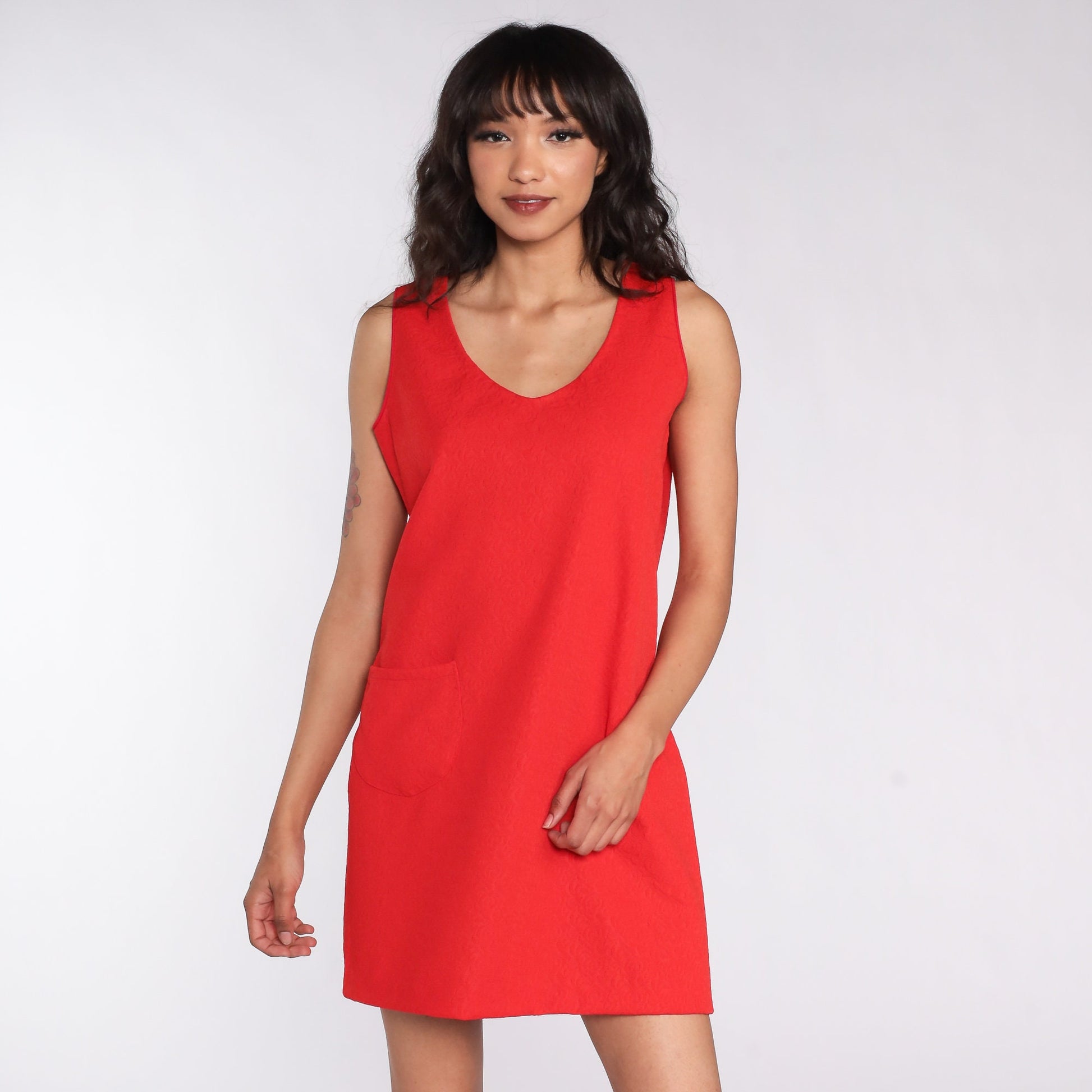 60s Mod Mini Shift Dress Red Sleeveless V-Neck Medium