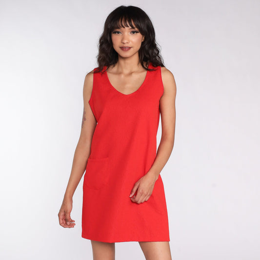 60s Mod Mini Shift Dress Red Sleeveless V-Neck Medium