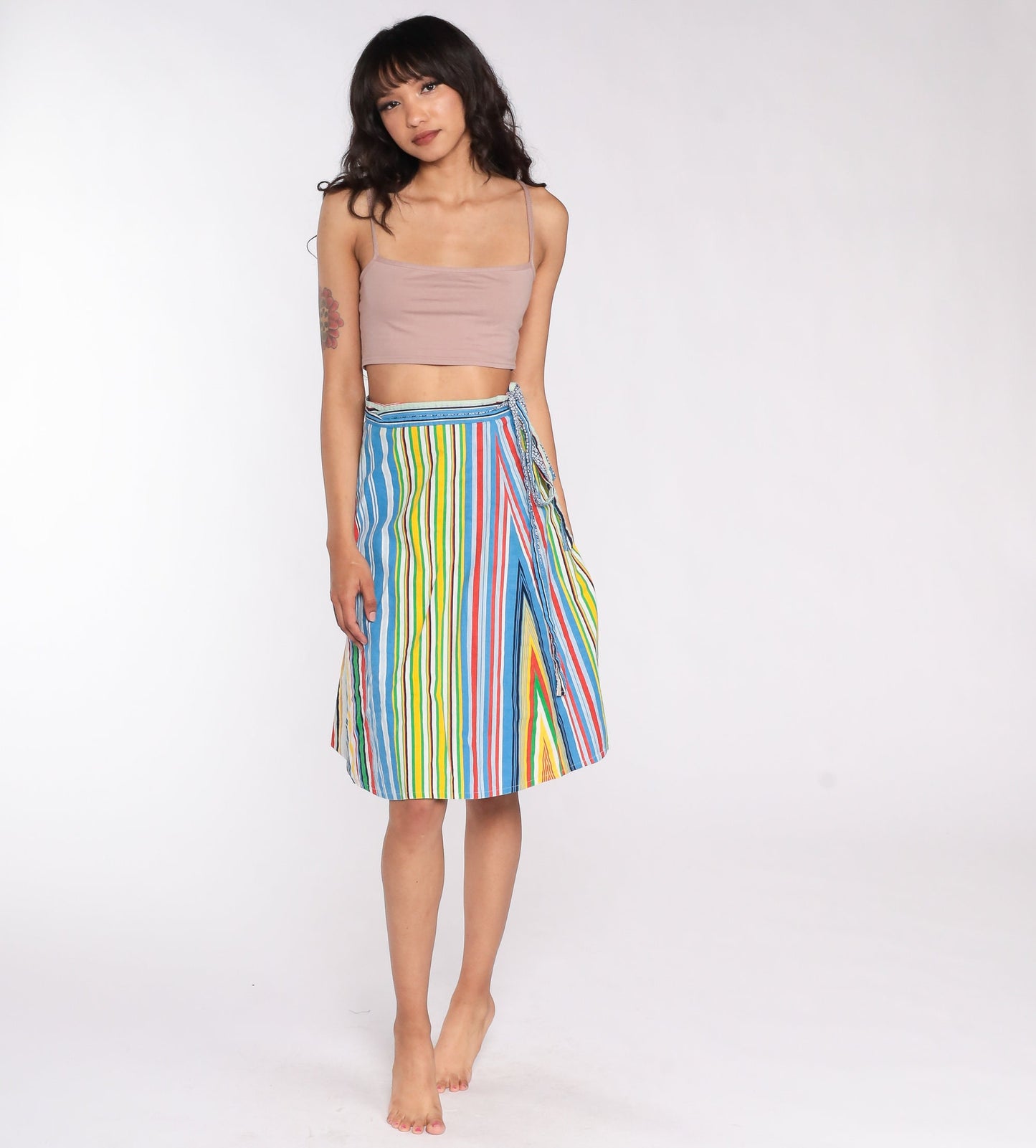 70s Reversible Wrap Skirt Rainbow Stripe Floral Blue Midi High Waist Medium