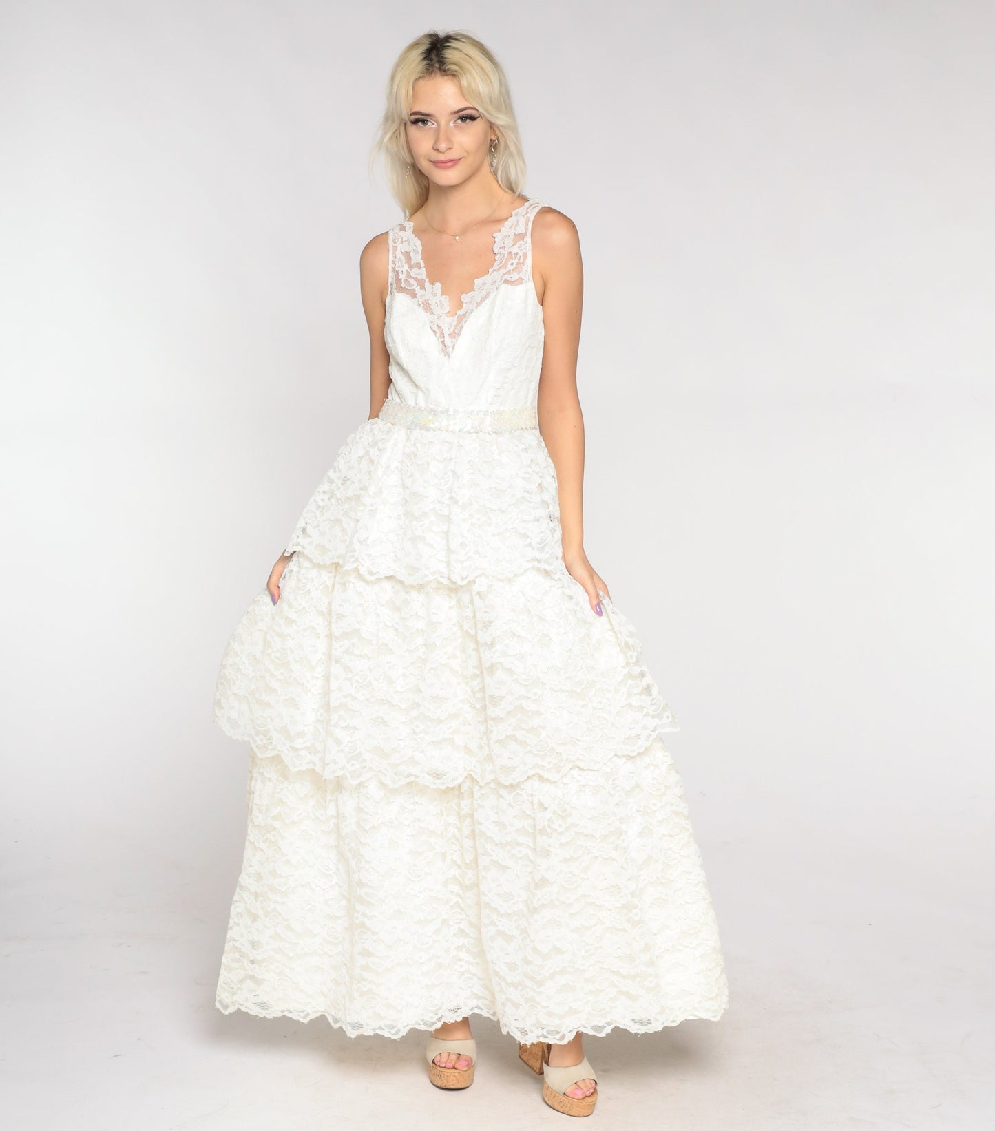 60s White Lace Wedding Dress Maxi Sweetheart Neckline Sequin Waist Extra Small