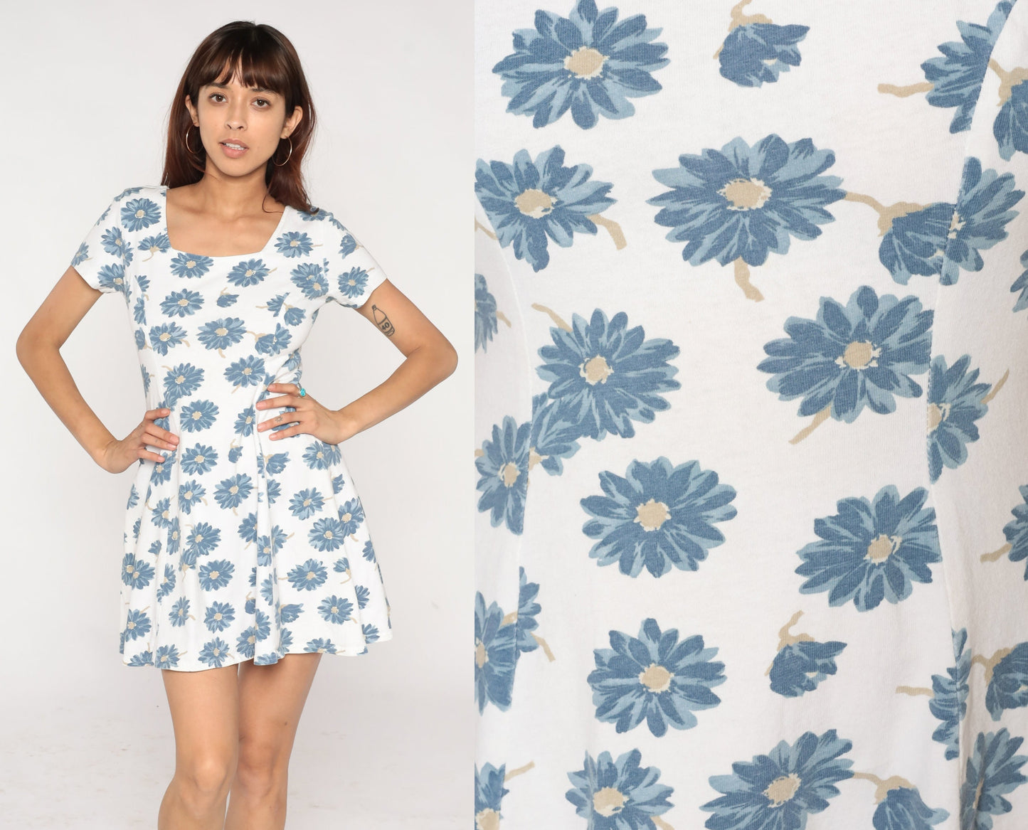 00s Wet Seal Floral Mini Dress White Blue Princess Seam Fit and Flare Small