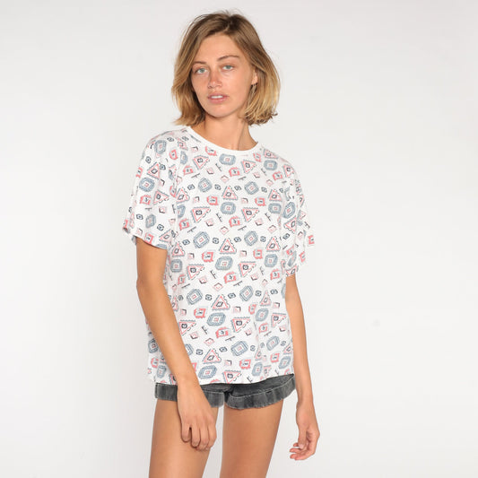 90s Geometric Print T-Shirt Southwestern Graphic Cotton Small