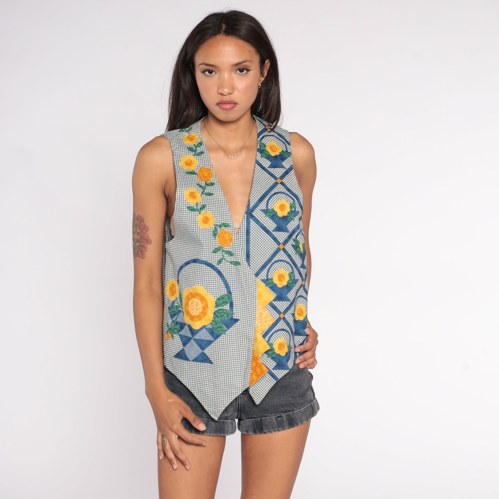 90s Gingham Floral Patchwork Quilted Vest Open Front Blue White Small