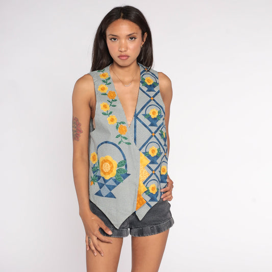 90s Gingham Floral Patchwork Quilted Vest Open Front Blue White Small