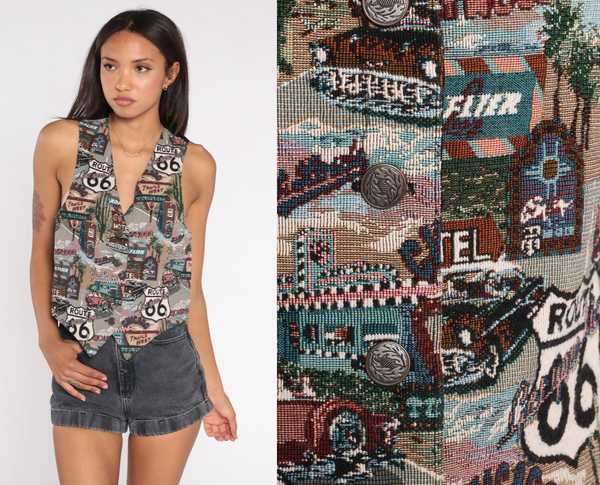 90s Route 66 Vest Button Up Novelty Print Tapestry Top Black Small