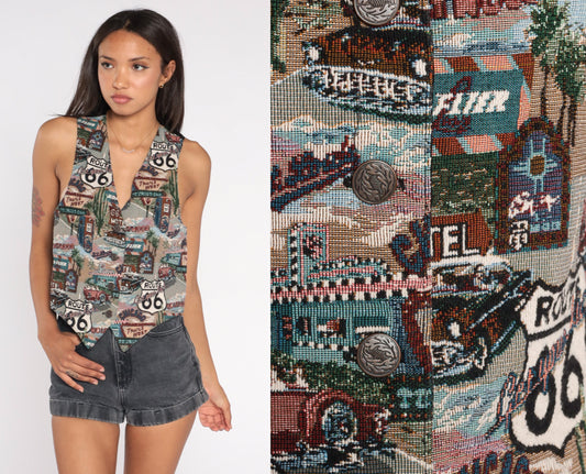 90s Route 66 Vest Button Up Novelty Print Tapestry Top Black Small