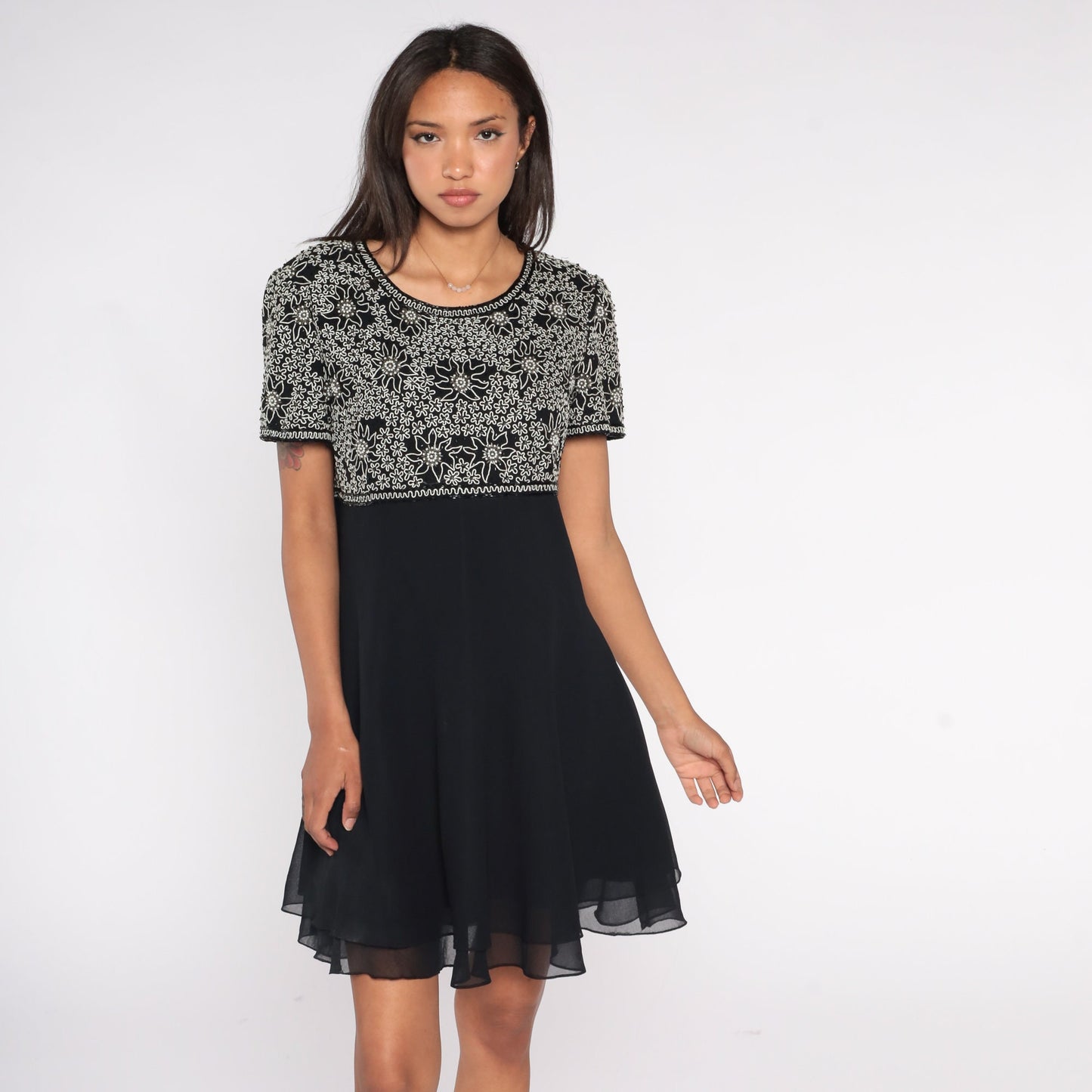 Y2K Black Floral Beaded Empire Waist Mini Dress Chiffon Short Sleeve Large L