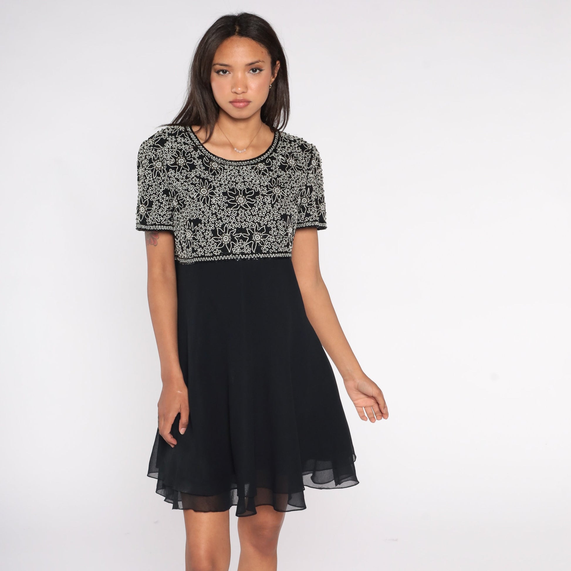 Y2K Black Floral Beaded Empire Waist Mini Dress Chiffon Short Sleeve Large L