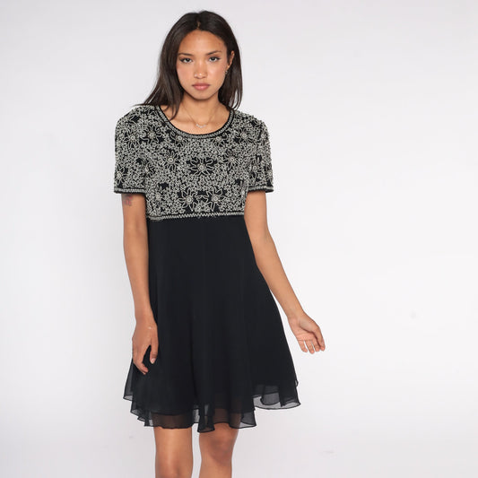 Y2K Black Floral Beaded Empire Waist Mini Dress Chiffon Short Sleeve Large L