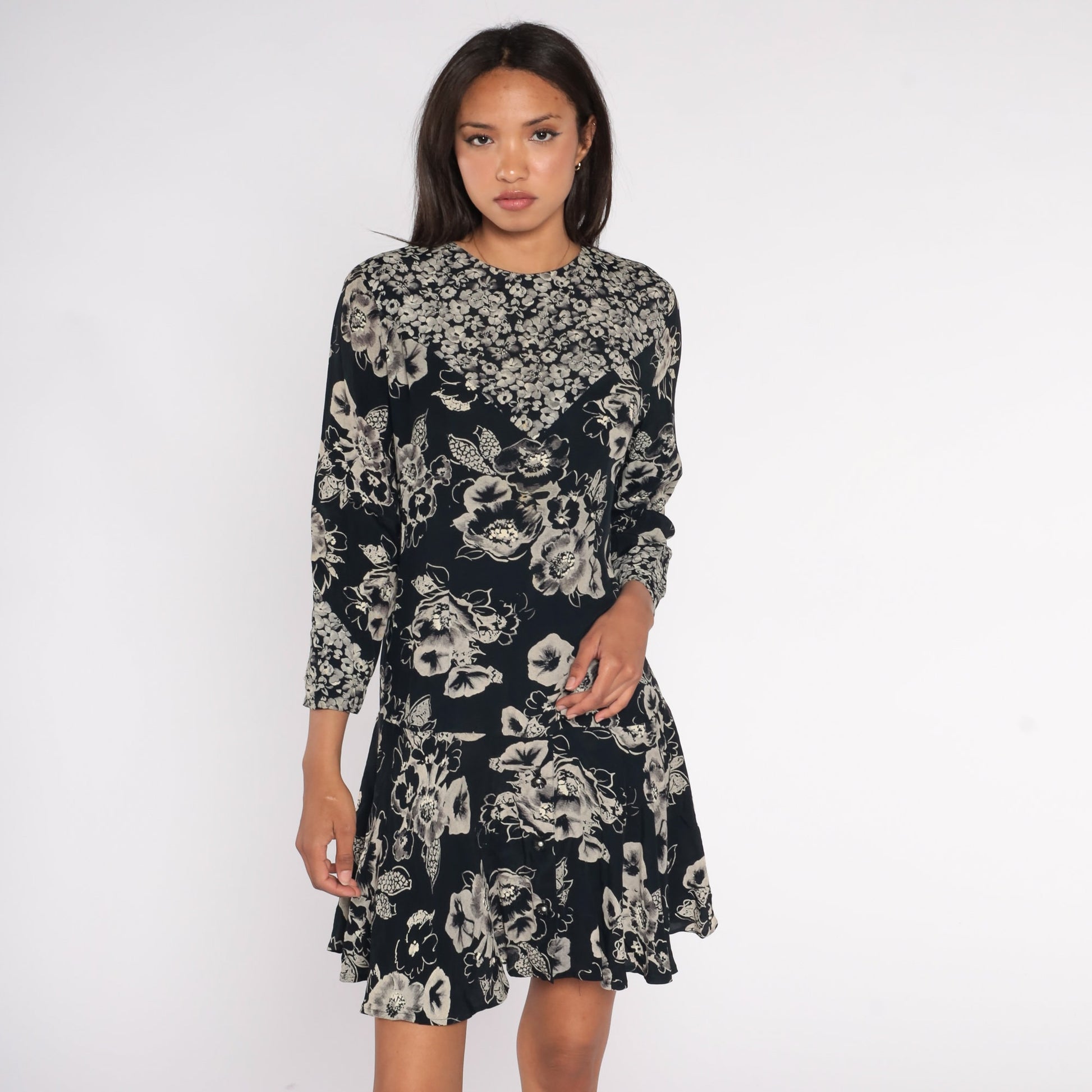 90s Black Floral Mini Dress Drop Waist Long Sleeve Ruffle Hem Small 6