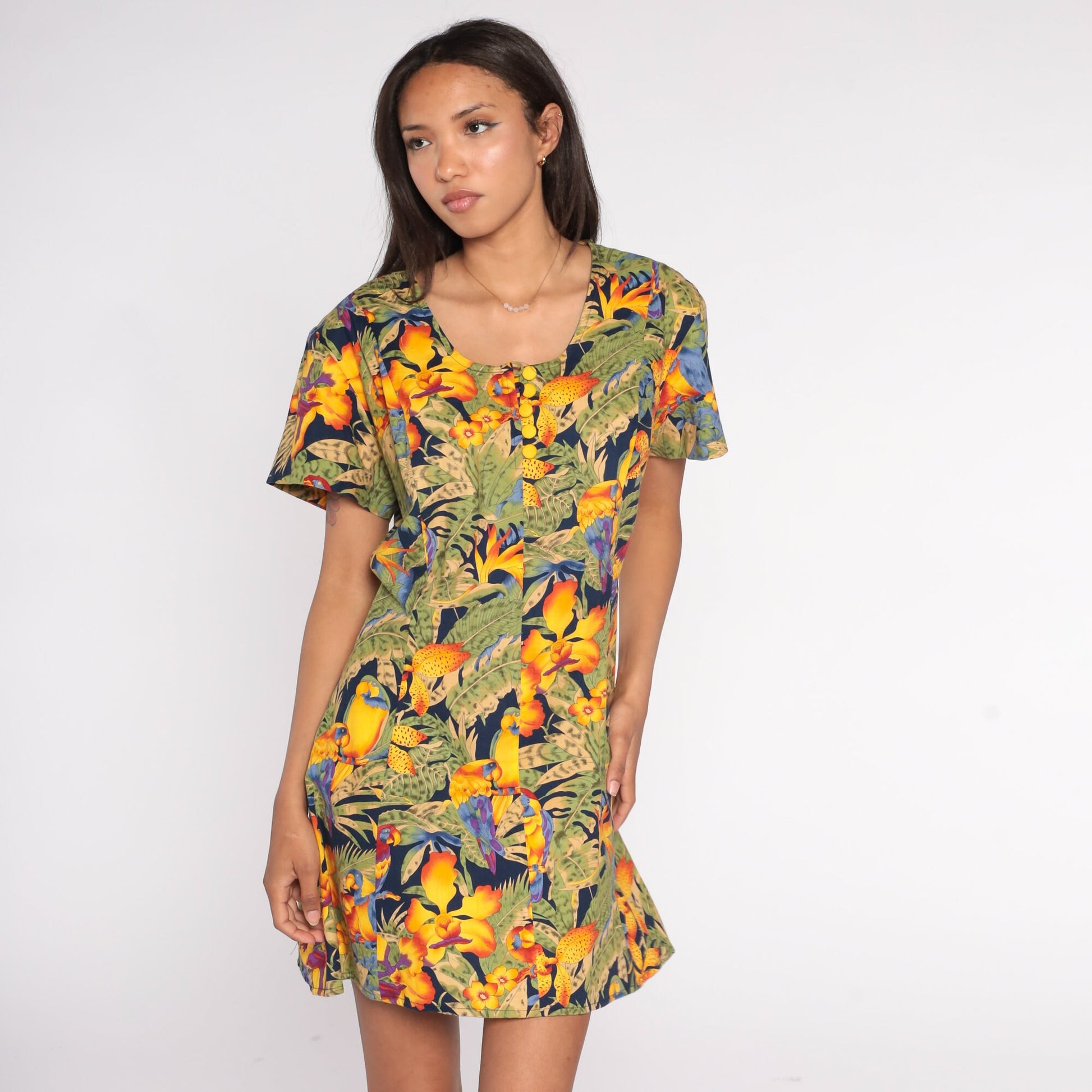 90s Tropical Bird Parrot Leaf Print Mini Dress Button-Up Short Sleeve Large L