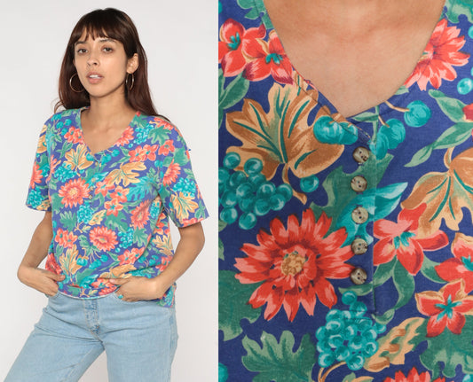 90s Floral Fruit Print Henley Shirt Short Sleeve Button Up Large L