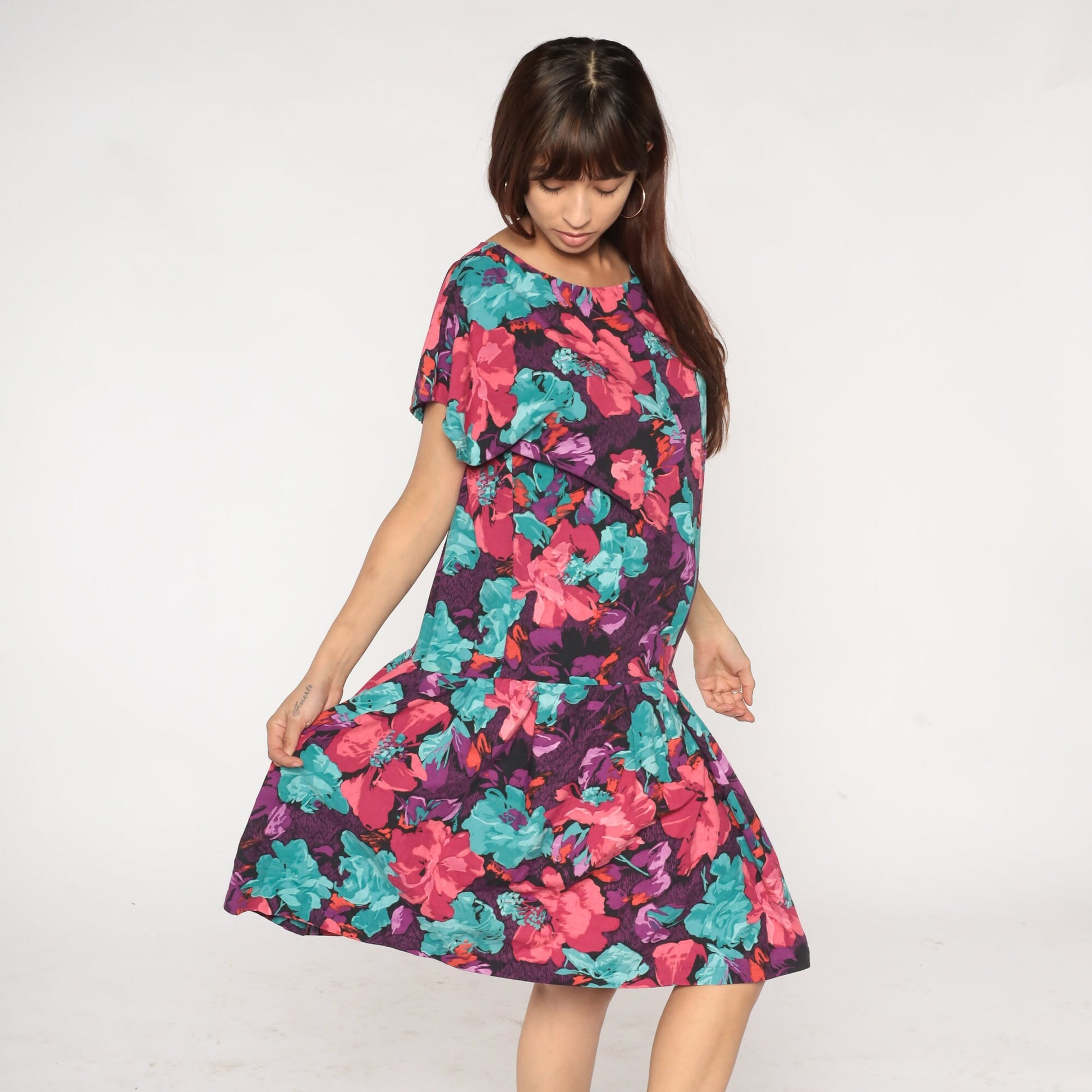 90s Floral Drop Waist Midi Dress Purple Multicolor Short Sleeve Medium