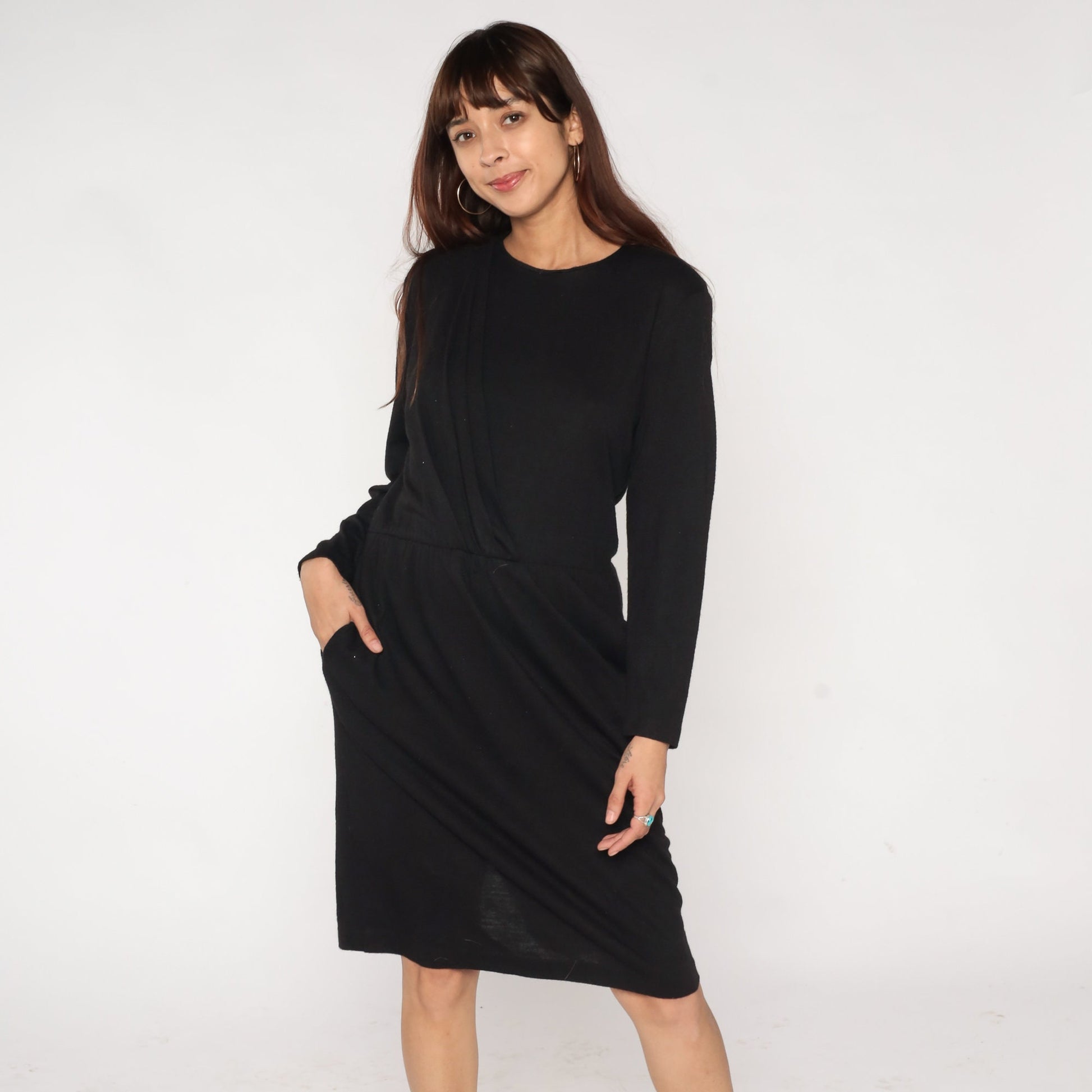 90s Black Wool Midi Dress High Waist Long Sleeve Medium
