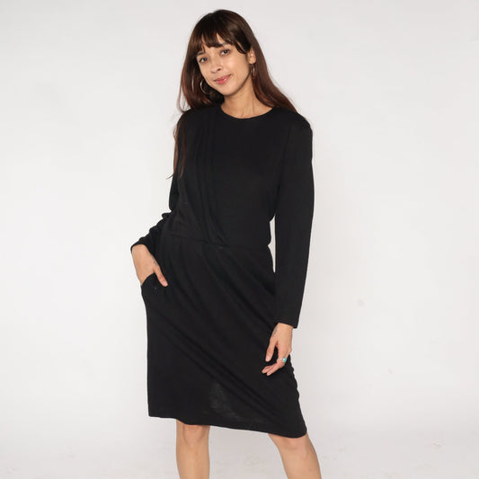 90s Black Wool Midi Dress High Waist Long Sleeve Medium