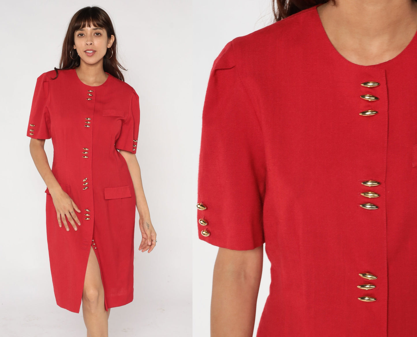 80s Leslie Fay Red Midi Sheath Dress Gold Buttons Puff Sleeve Medium