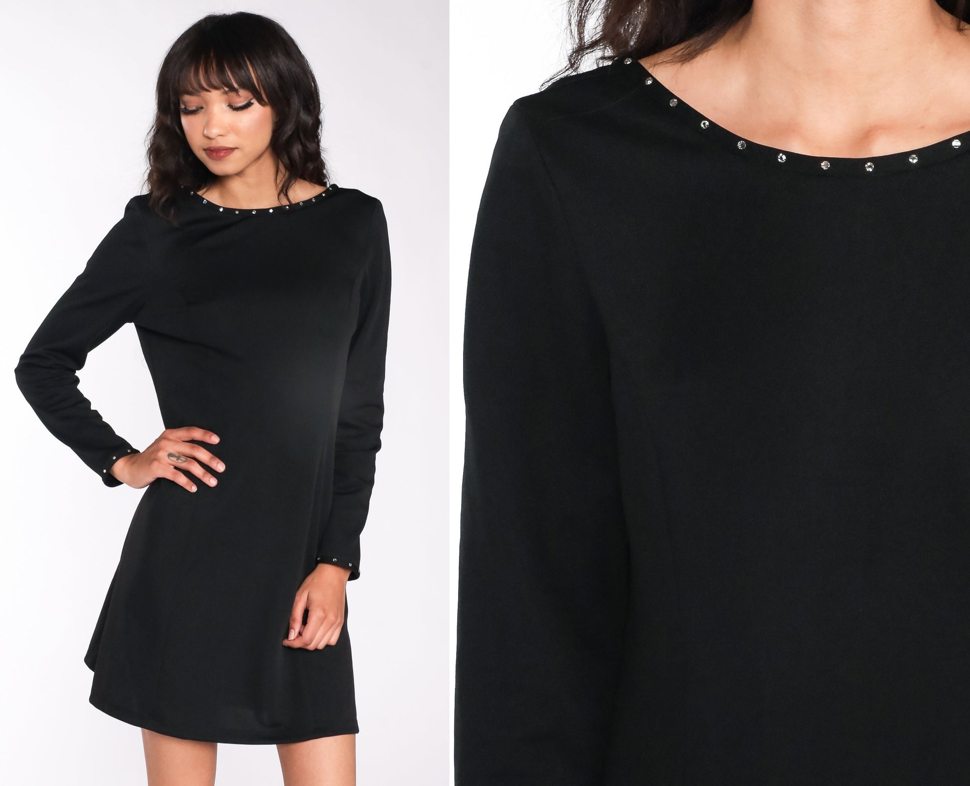 70s Black Mini Dress Rhinestone Low Back Shift Dress Medium