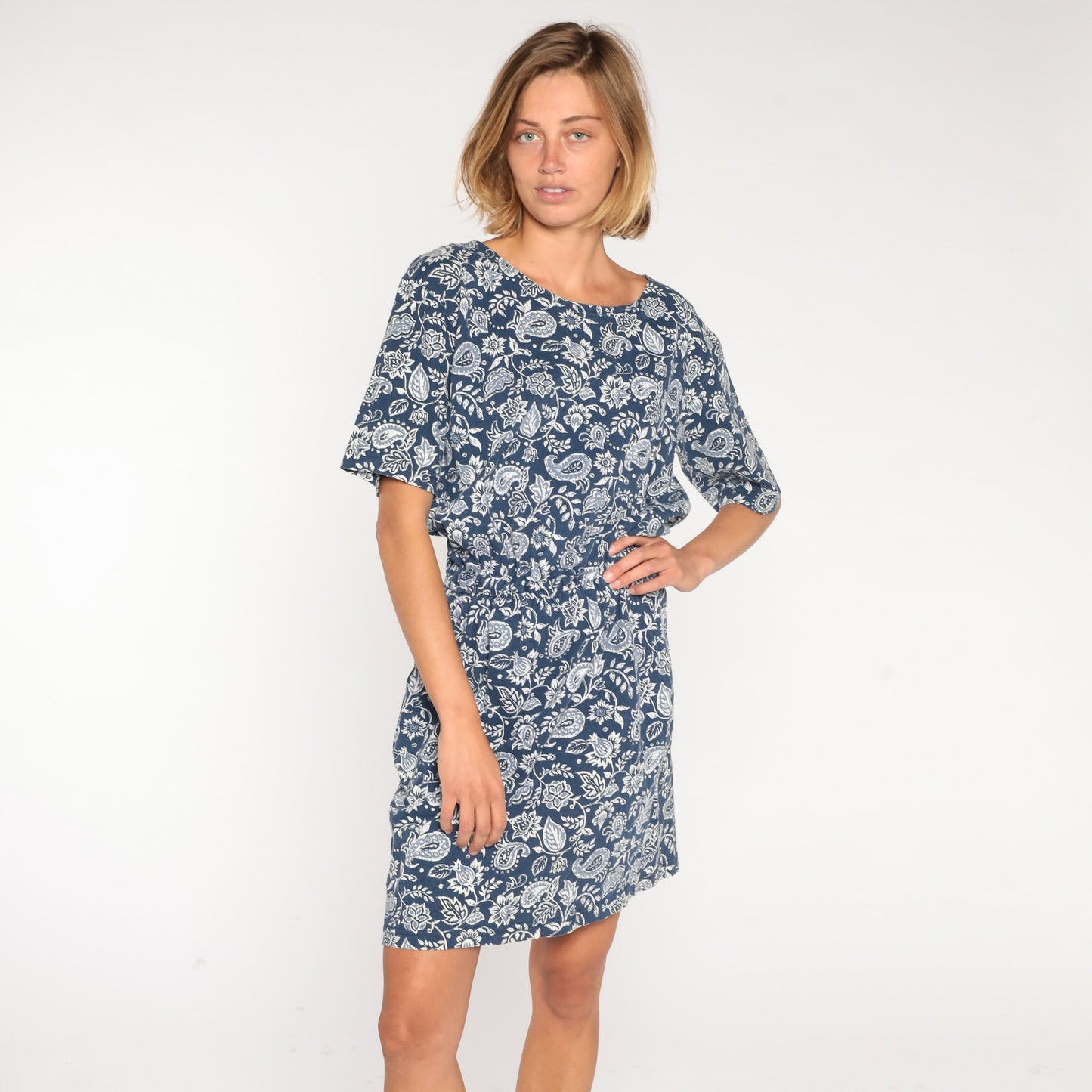 00s Blue Paisley Floral Mini Dress High Waist Cotton Short Sleeve Medium M