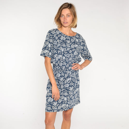 00s Blue Paisley Floral Mini Dress High Waist Cotton Short Sleeve Medium M