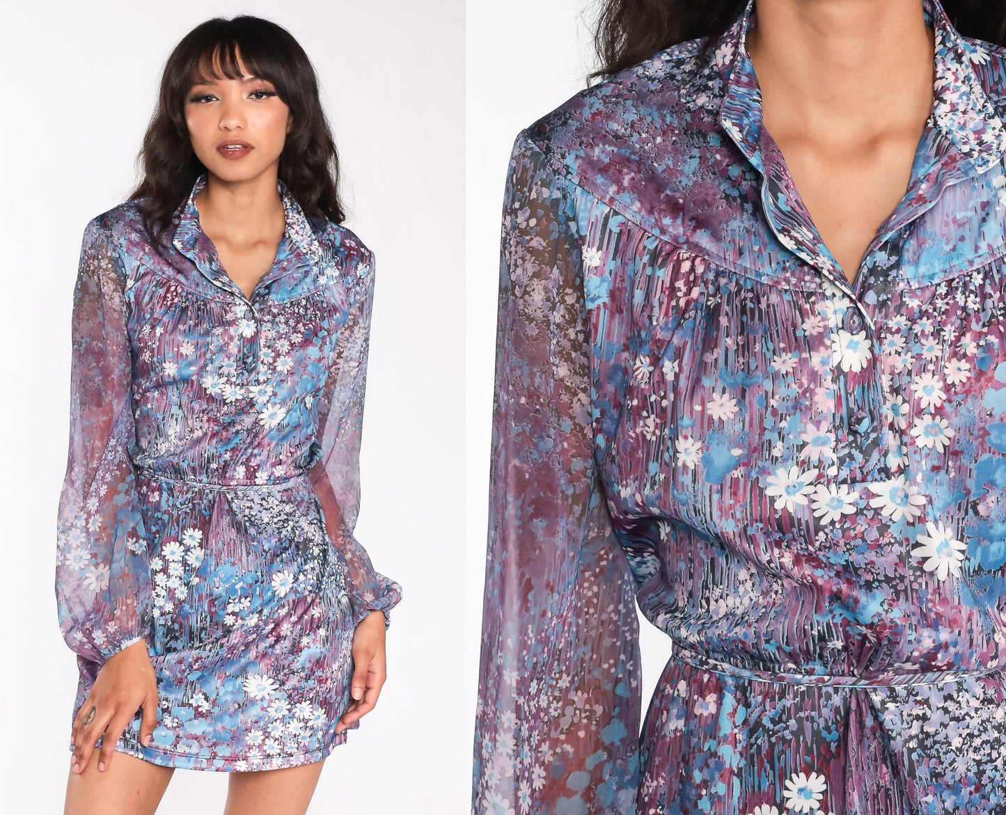 70s Floral Mini Dress Purple Blue Button-Up High Waist Long Sheer Sleeve Large