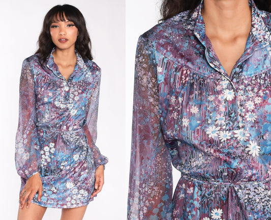 70s Floral Mini Dress Purple Blue Button-Up High Waist Long Sheer Sleeve Large