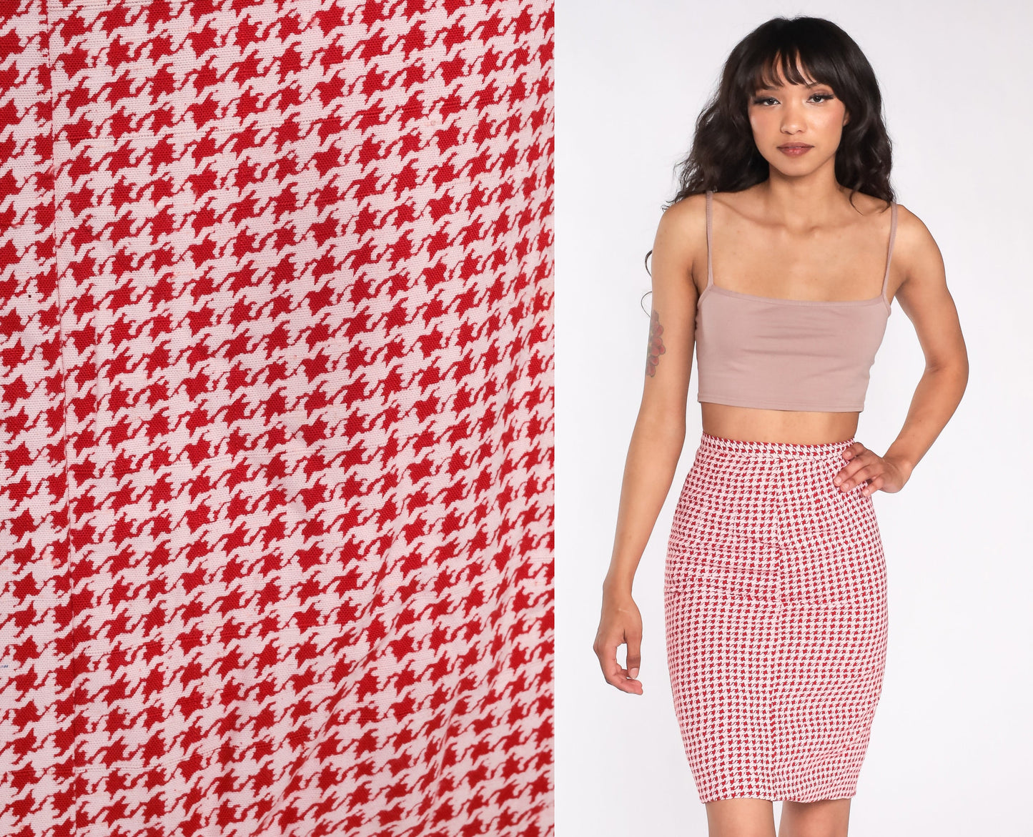 60s Red Houndstooth Pencil Mini Skirt High Waist Checkered Extra Small XS