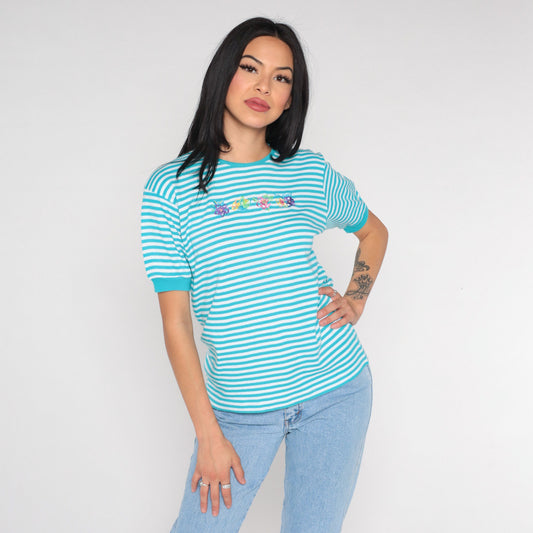 90s Floral Striped T-Shirt Blue White Embroidered Graphic Tee Small S